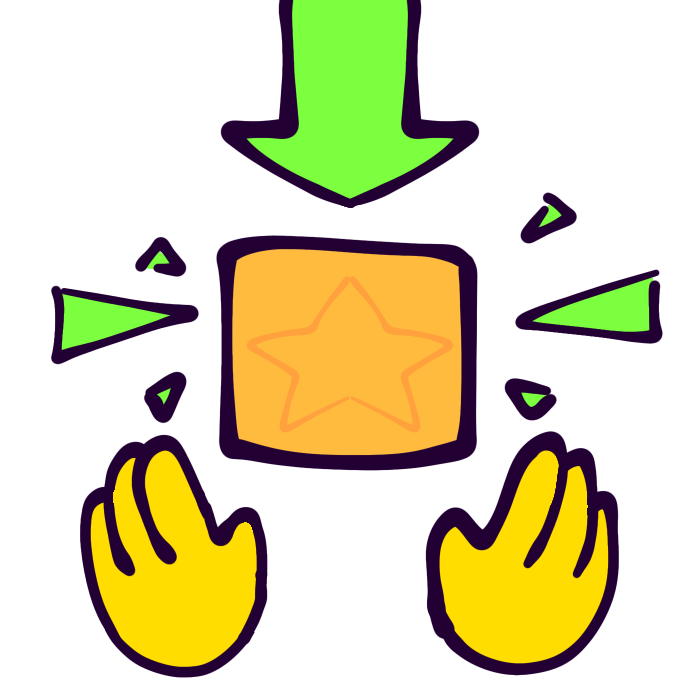 A drawing of an orange box with a faint star symbol on it descending into two open yellow hands. A green arrow shows the box going down and there are little green triangles around it for emphasis. 